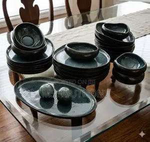 27-Piece Dark Teal-to-Black Reactive Glaze Stoneware Dinnerware Set