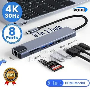 OHB 8-in-1 USB-C Hub HDMI Adapter, 100Mbps, Silver Grey