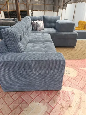 5-Seater L-Shaped Sofa with Ottoman - Grey Fabric