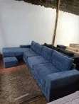 7-Seater L-Shaped Blue Sofa with Ottoman - 1