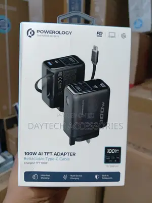 Powerology 100W AI TFT Fast Charger with Retractable Type-C Cable