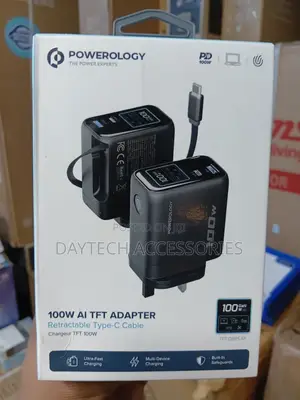 Powerology 100W TFT Adaptor with Retractable Type-C Cable - Black