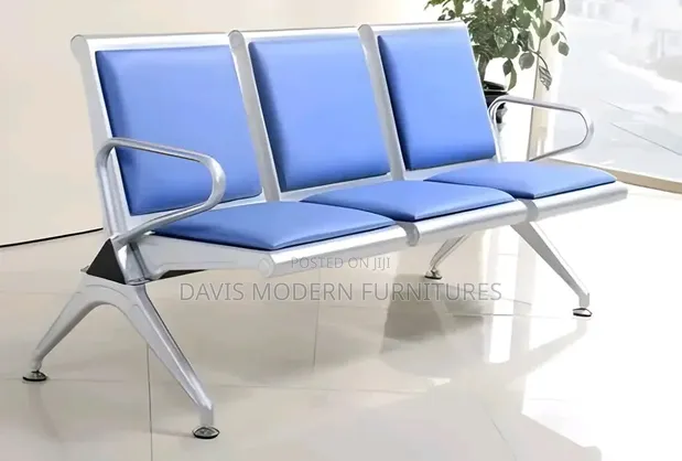 3-Seater Airport Waiting Bench - Blue PU Padded - 1
