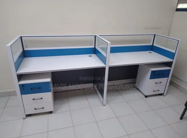 2-Way Office Workstation - White & Blue Partition - 1