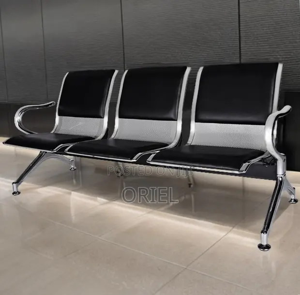 3-Seater Padded Black Leather Waiting Bench - 1
