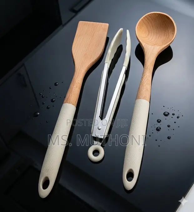 Seti ya Spatula, Ladle, na Tongs za Beechwood za Premium - 1