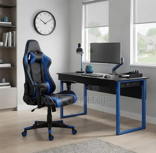 Smooth Leather Gaming Office Chair - Blue - 1