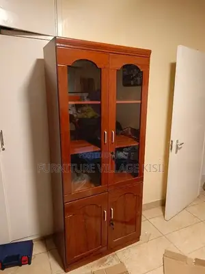 2-Door Half Glass Mahogany Storage Cabinet