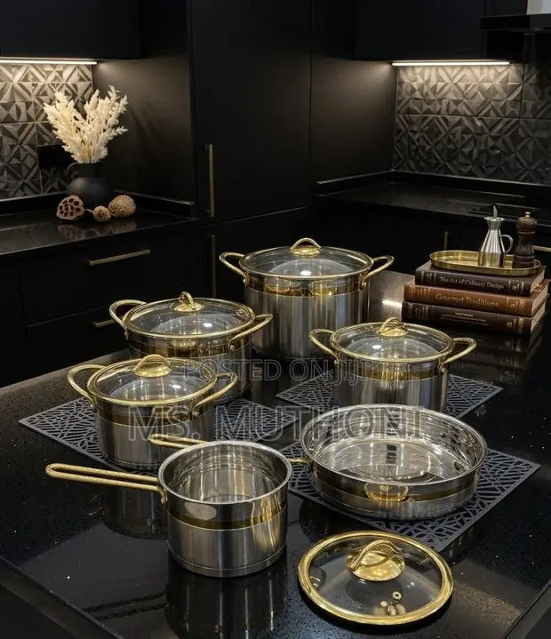 High-Grade Stainless Steel Mirror Polish Cookware Set with Gold Trim - 1