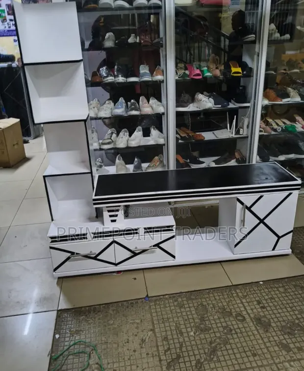 L-Shaped TV Stand with LED Lighting & Shelves - 1