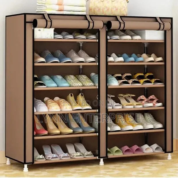 Brown Double Column Shoe Rack with Canvas Cover - 1