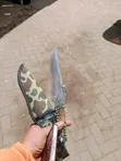 Serrated Stainless Steel Outdoor Knife with Green Textured Handle and Sheath - 2
