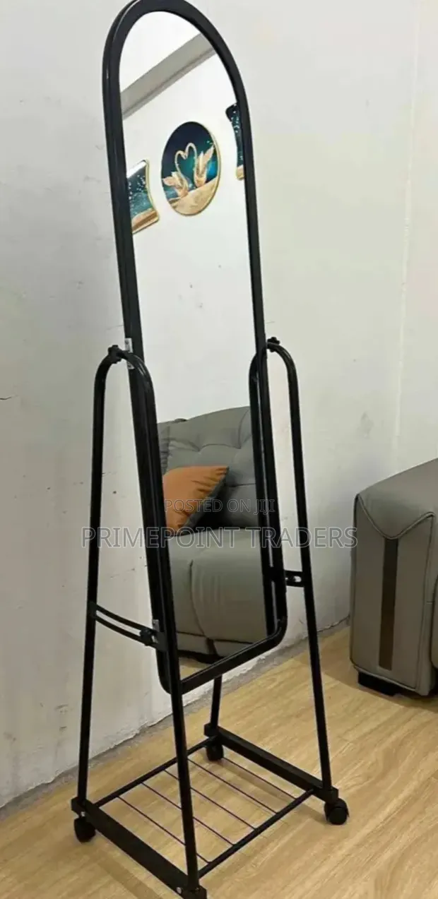 Modern Full-Length Mirror with Shoe Storage & Wheels - 1