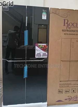 Roch 421 Litres 4-Door Glass Refrigerator, Black