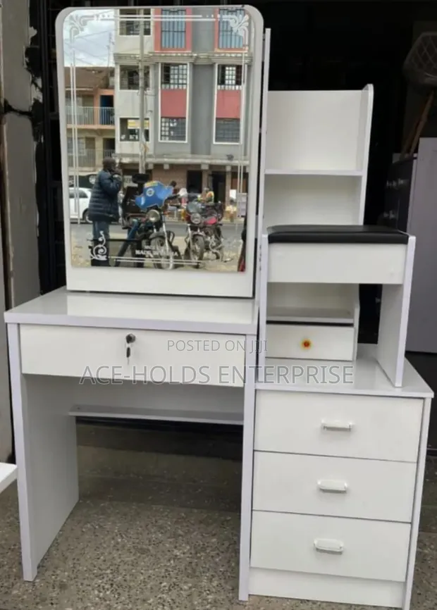 White/Brown Dressing Table with Sliding Mirror and Stool - 1