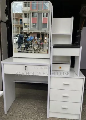 White/Brown Dressing Table with Sliding Mirror and Stool