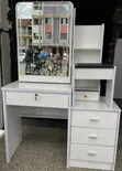 White/Brown Dressing Table with Sliding Mirror and Stool - 1