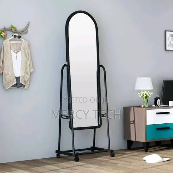 Black Full Length Dressing Mirror with Wheels & Shoe Rack - 1