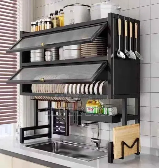Double Layer Over-Sink Dish Rack with Acrylic Cover - 85cm - 1