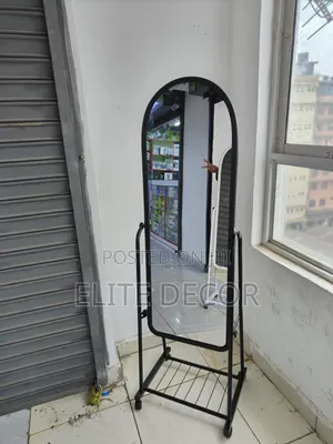Modern Arched Dressing Mirror with Wheels - Black