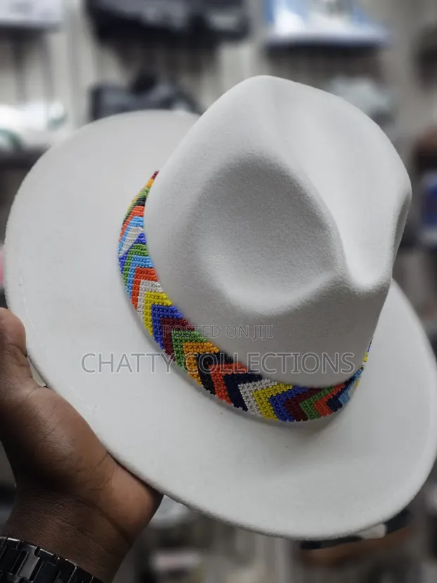 White Wide Brim Beaded Fedora Hat - 1