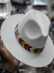 White Wide Brim Beaded Fedora Hat - 1