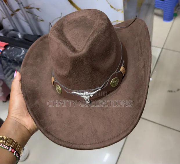 Dark Brown Unisex Cowboy Hat with Longhorn Emblem - 1