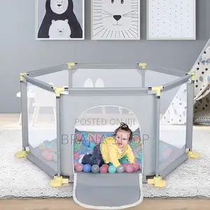 Grey Child Safety Fence Playpen with Ball Pit & Basketball Net