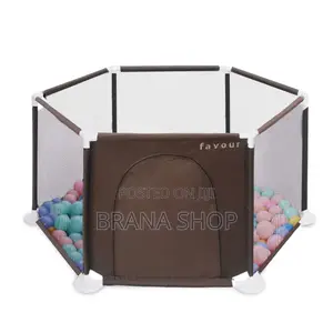 Brown Child Safety Fence Playpen with Ball Pit & Basketball Net