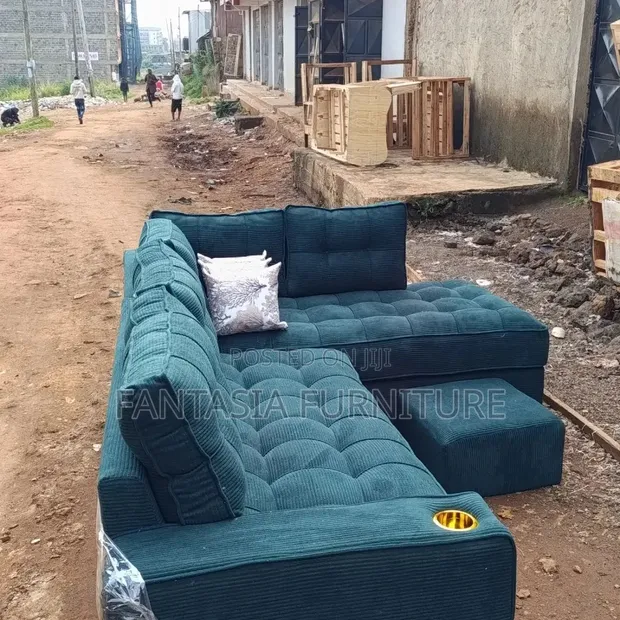 L-Shaped Teal Sectional Sofa (5-Seater) + Ottoman - 1