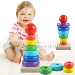 Montessori Wooden Rainbow Stacking Ring Tower for Kids - Geometric Toy