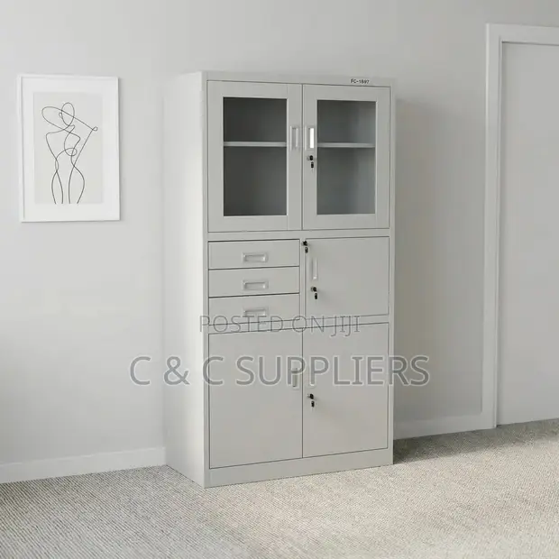 Office Half Glass Safe Cabinet - White - 1