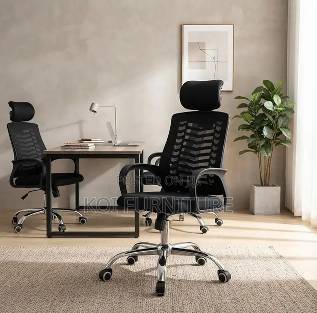 Ergonomic Office Chair with Headrest - Black Fabric - 1