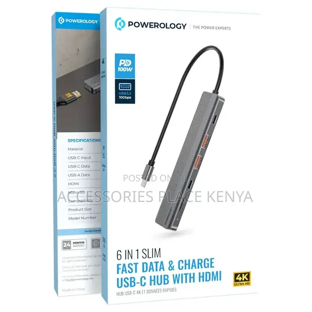 Powerology 6-in-1 Slim 4K HDMI USB-C Hub - 1