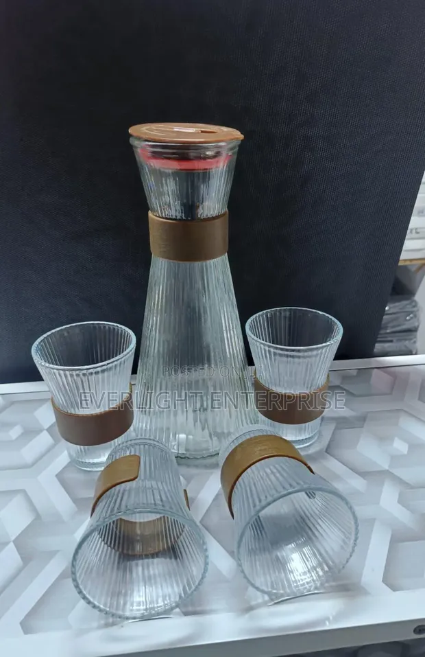 Glass Ribbed Jug with 4 Cups - 1