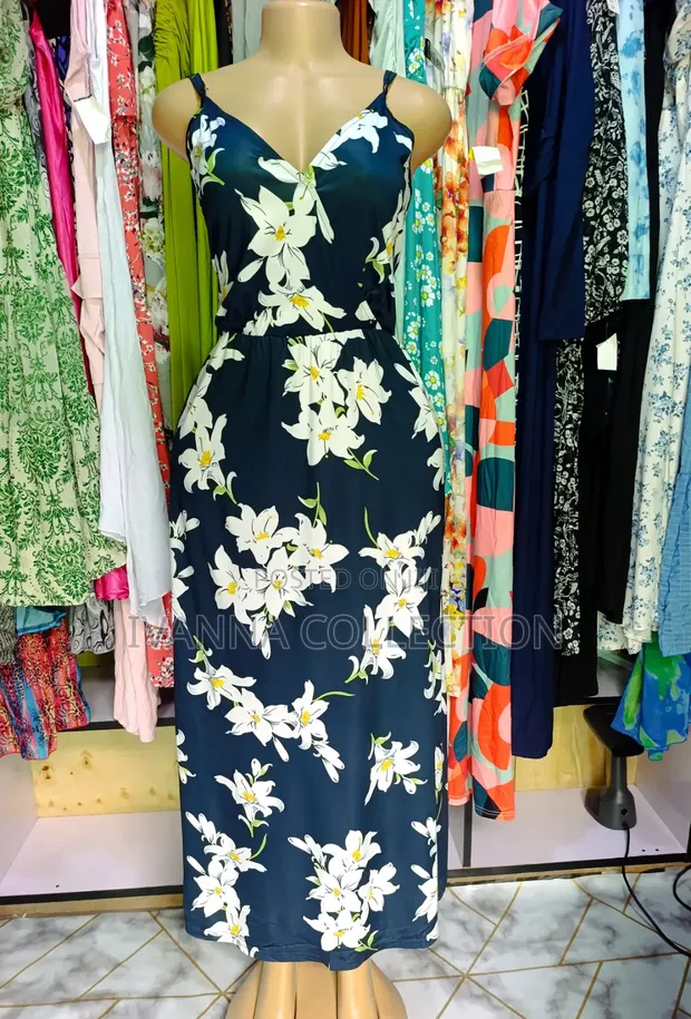Navy Blue Floral Spaghetti Strap Maxi Dress - 1