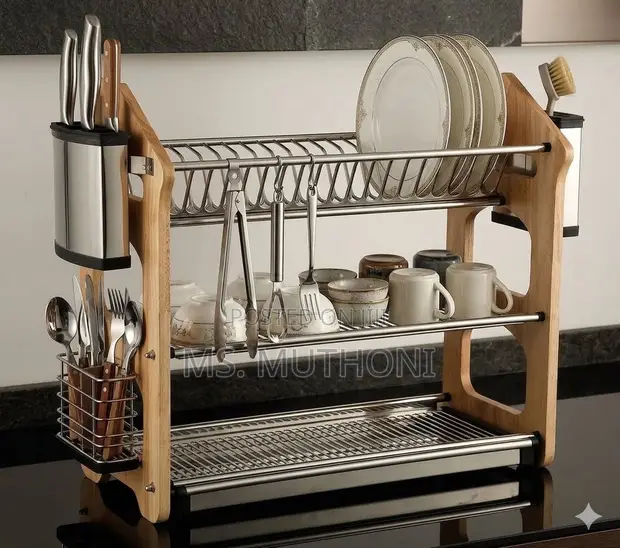Heavy-Duty 3-Tier Stainless Steel Dish Rack with Acacia Wood Stand - 1