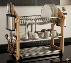 Heavy-Duty 3-Tier Stainless Steel Dish Rack with Acacia Wood Stand