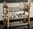Heavy-Duty 3-Tier Stainless Steel Dish Rack with Acacia Wood Stand - 1