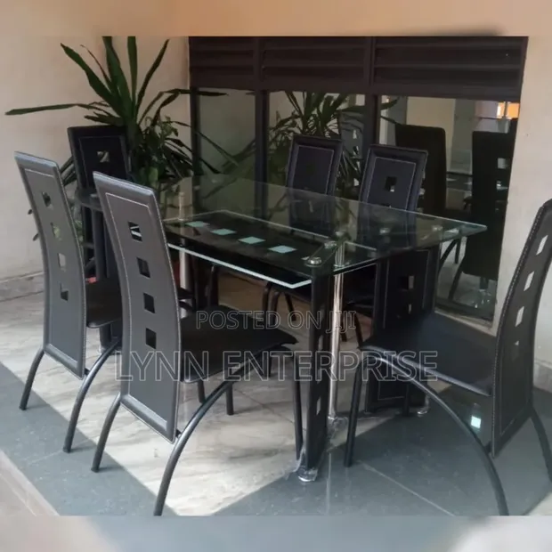 Executive 6-Seater Glass Dining Table with Leather Seats - 1