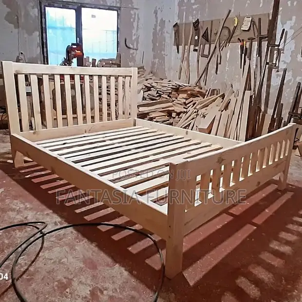 5x6 Rustic Slatted Natural Wooden Bed - 1