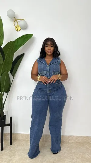 Two Piece Denim Set - Women's Wide-Leg Jeans
