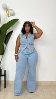 Two Piece Denim Set - Women's Wide-Leg Jeans - 4