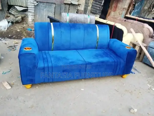 3 Seater Blue Sofa with Dual Cupholders - 1