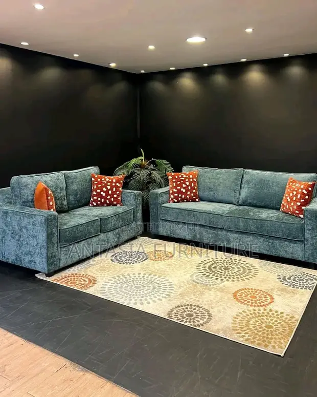 5 Seater Teal Sofa Set with Orange Accent Pillows - 1