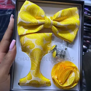 Set ya Bow Tie ya Manufaa ya Kiume ya Njano 4-in-1 na Tai, Lapel Pin & Cufflinks