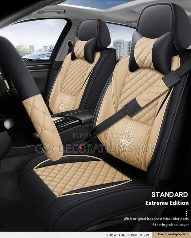 Brand New 5-Seater Baije Black Quilted Car Leather Seat Covers - 1
