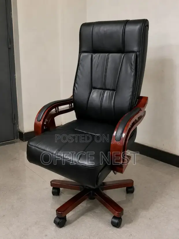 High-Back Leather Executive Office Chair with Wooden Arms - 1