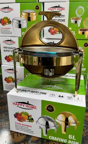 Chafing Dish Mpya ya Dhahabu ya Lita 6, Round, yenye Kifuniko cha Kioo na Roll Top