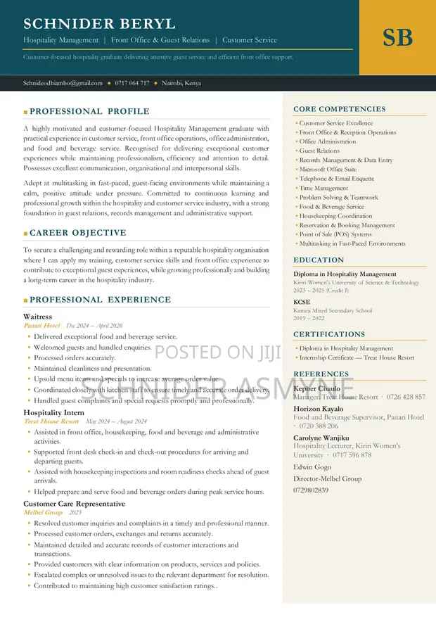 Customer Service & Hospitality Professional CV - 1